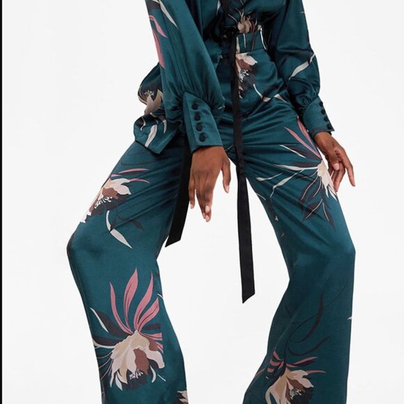 Zara Teal Green Topical Print Wide Leg Pants SIZE M - Picture 6 of 9